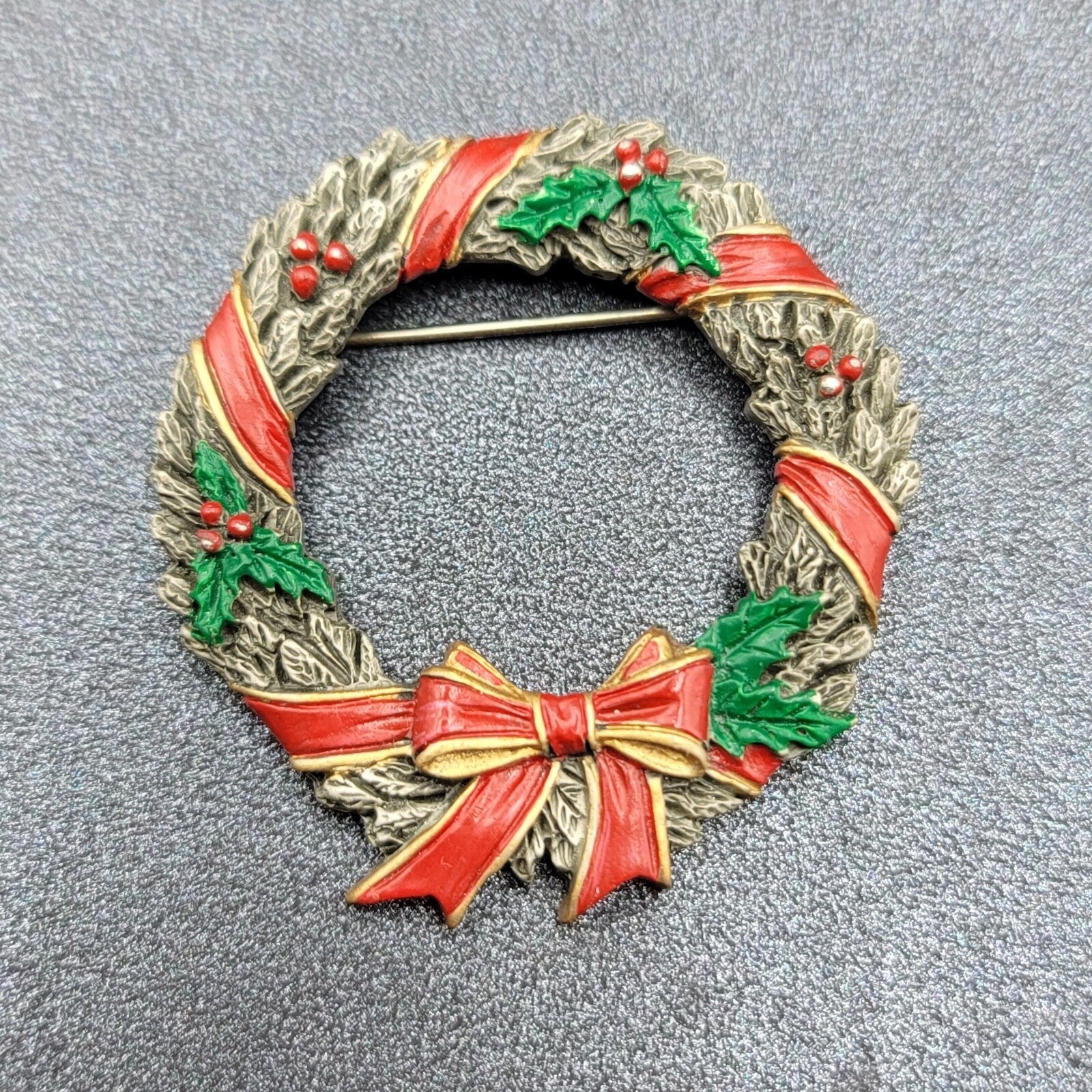 Vintage FORT USA Pewter Brooch Christmas Wreath 1 3/4" Signed