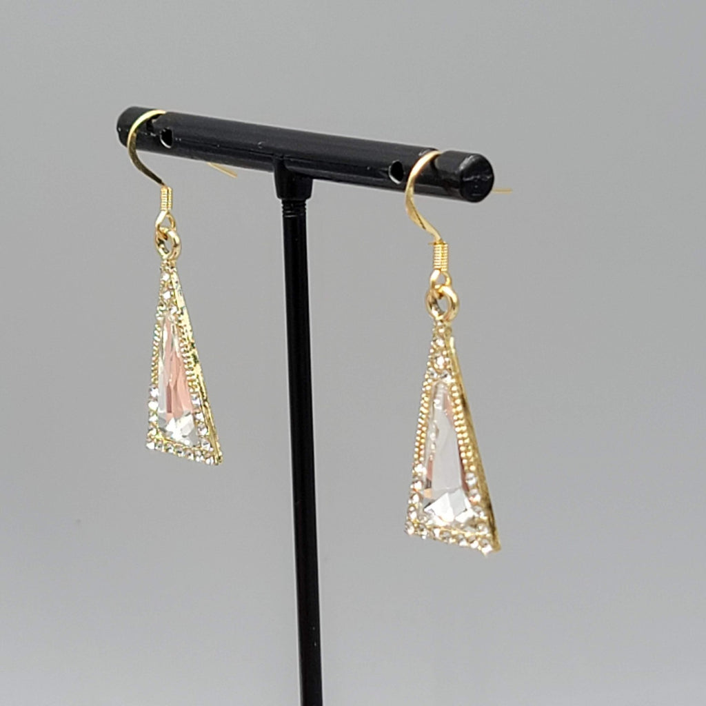 Triangle Clear Rhinestone Pierced Earrings Gold tone Dangle 7/8"