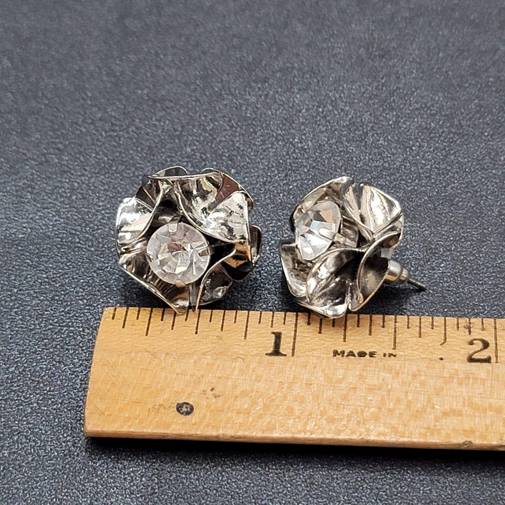 Pierced Earrings Silver tone Rhinestones Flower 3D Studs  3/4"