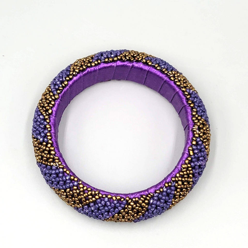 Purple Seed Bead Bangle Bracelet Bronze tone Beads 8 in