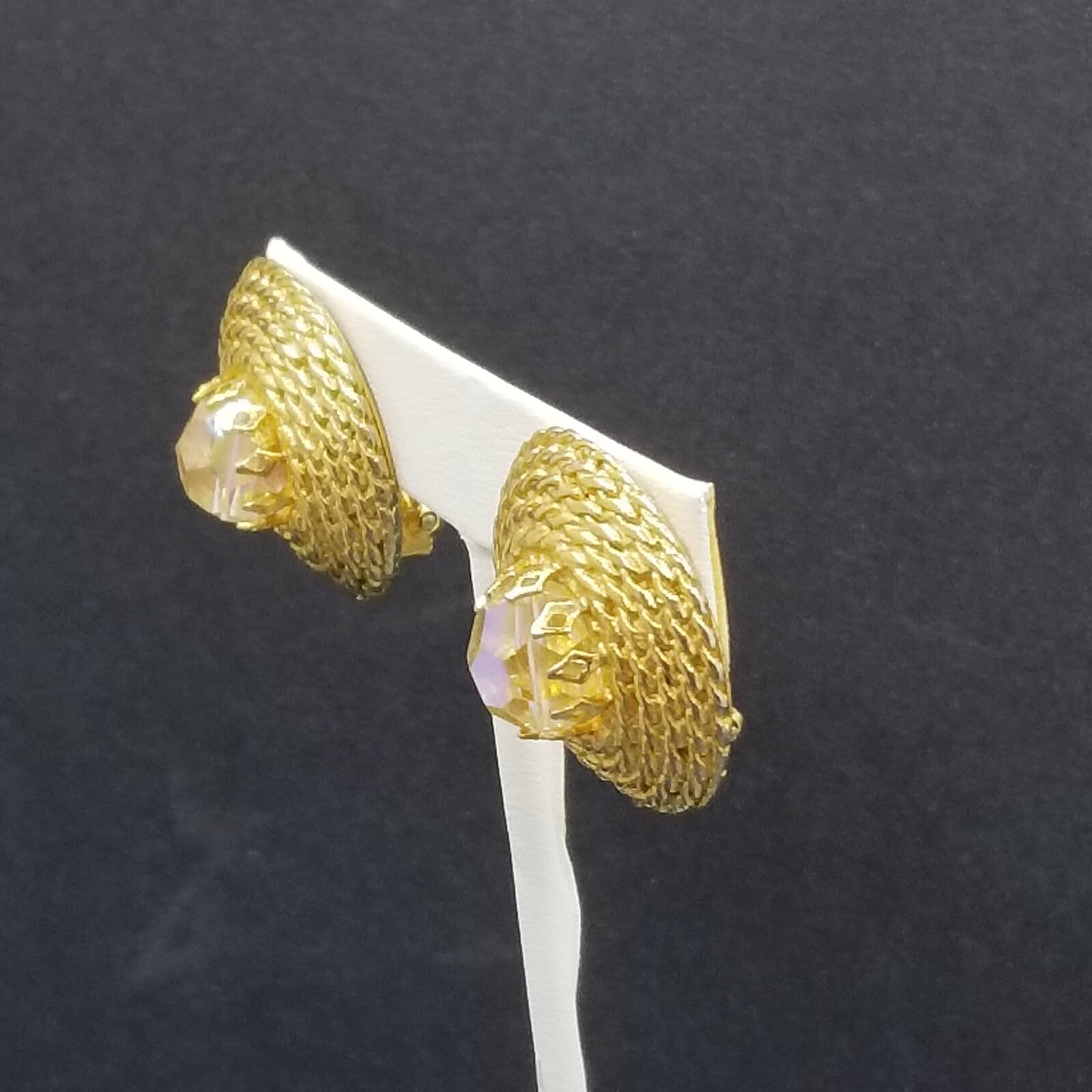 Vintage Clip On Earrings Gold tone Rhinestone Rope Stud 1 1/8"