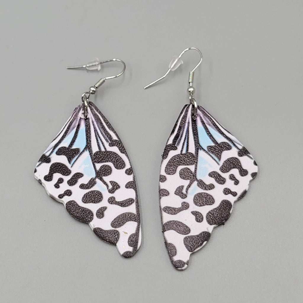 Butterfly Wing Pierced Earrings Black White  Statement Dangle 2.25"
