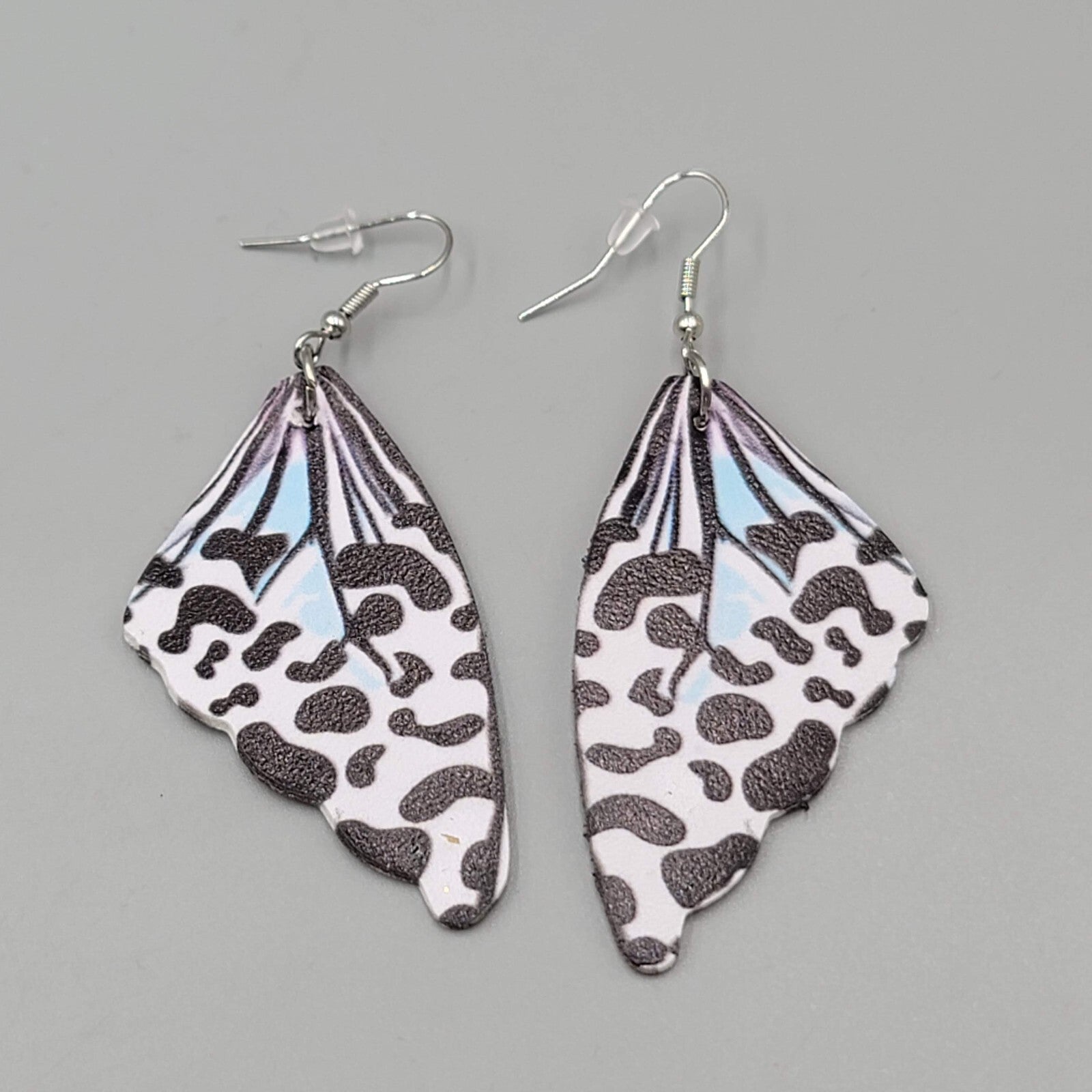 Butterfly Wing Pierced Earrings Black White  Statement Dangle 2.25"