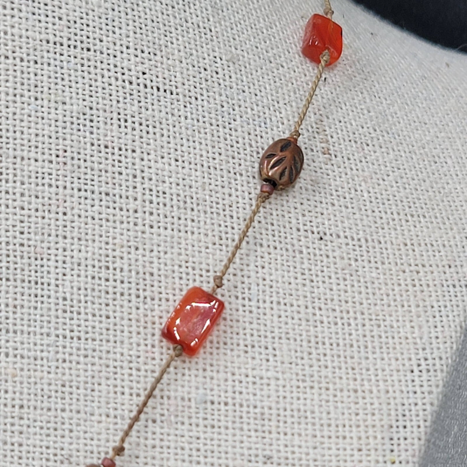 Dainty Orange Stone Necklace Hand Knotted Cord Station Copper tone Metal 17"