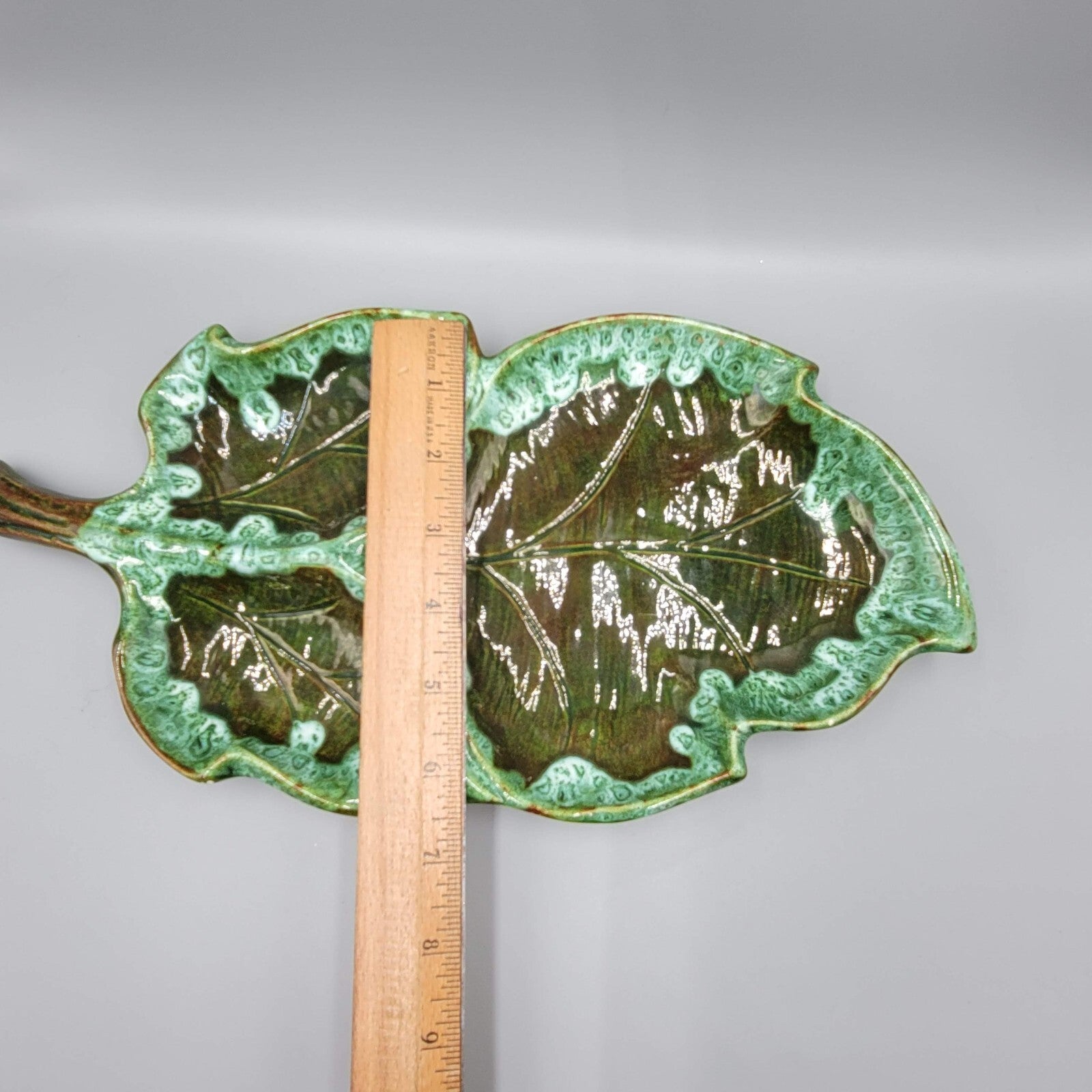 Vintage Ceramic Green Leaf Dish Drip Glaze Signed 1966 Size 13" x 6.5"