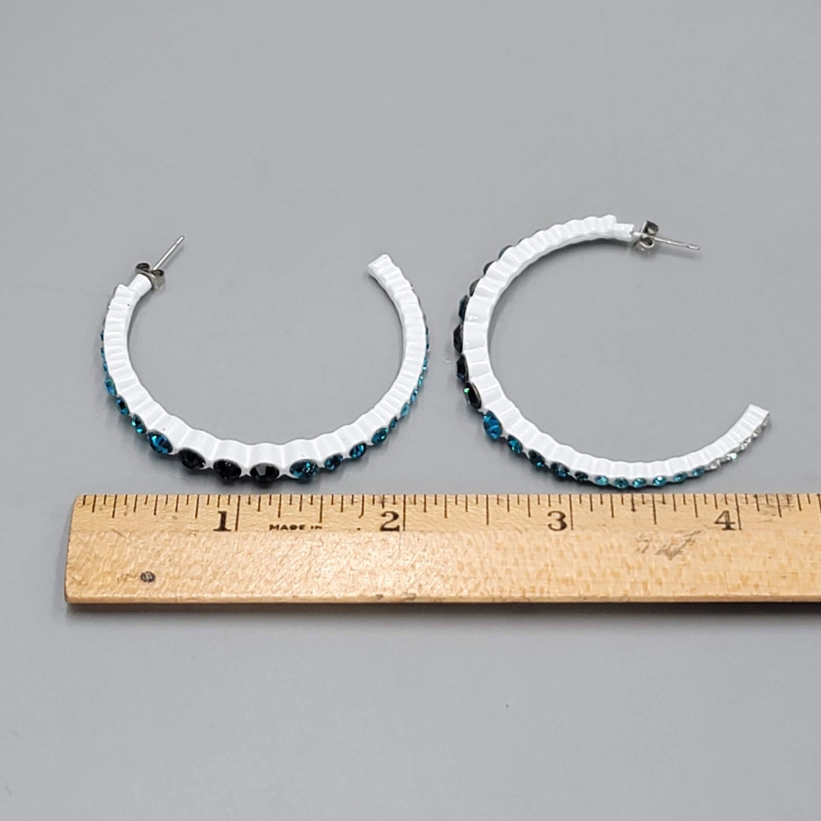 White Enamel Pierced Earrings Blue Ombre Rhinestone Large 2"