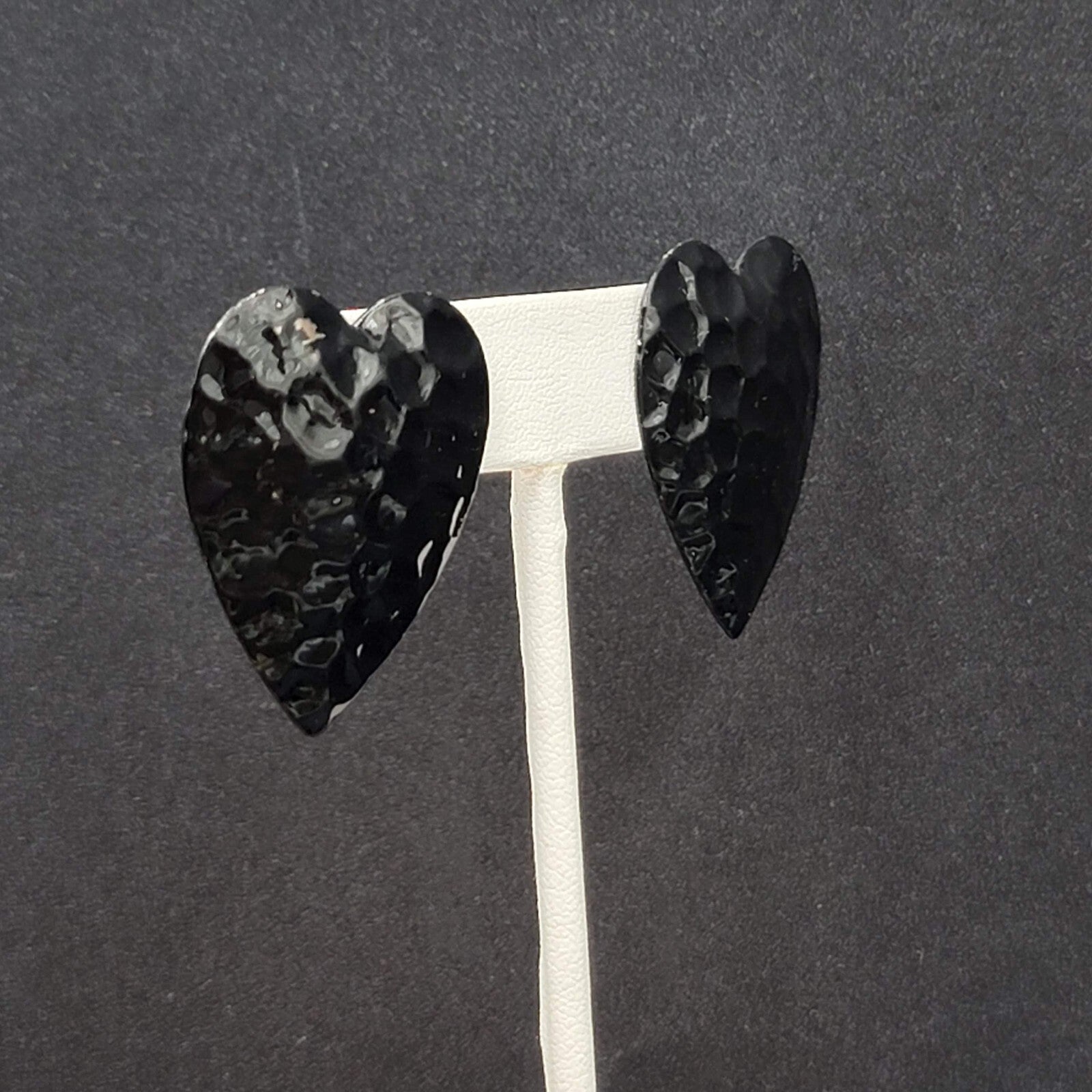 Vintage Heart Pierced Earrings Black Enamel Hammered Metal 1 3/8"