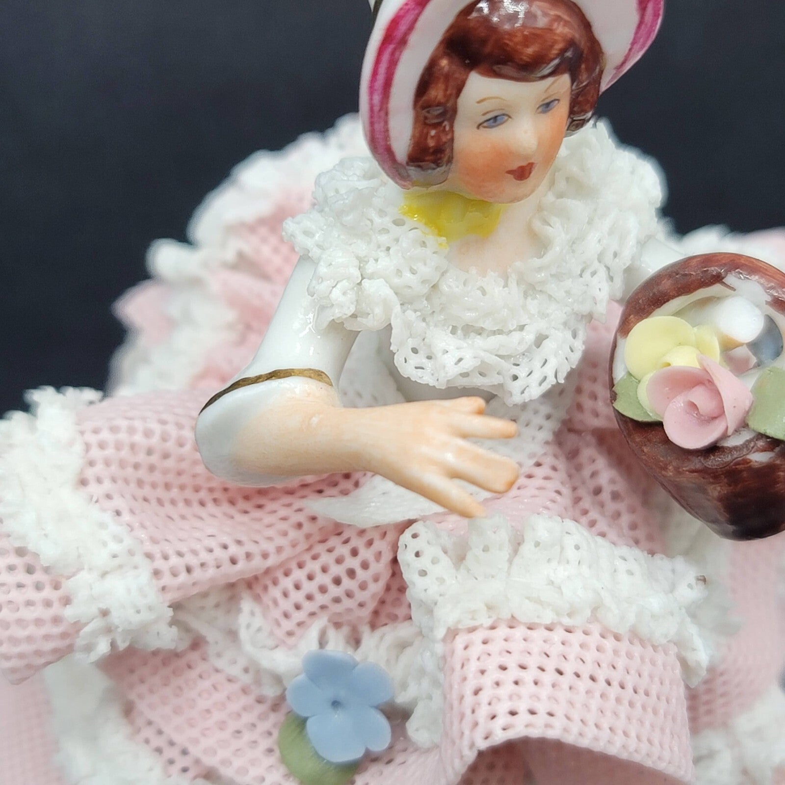 Dresden Porcelain Lace Lady in Bonnet Figurine Flowers 4 in