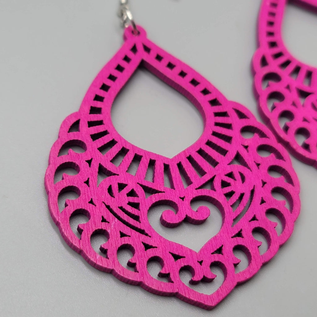 Bright Pink Wood Boho Pierced Earrings Large Statement Silver tone Dangle 3"