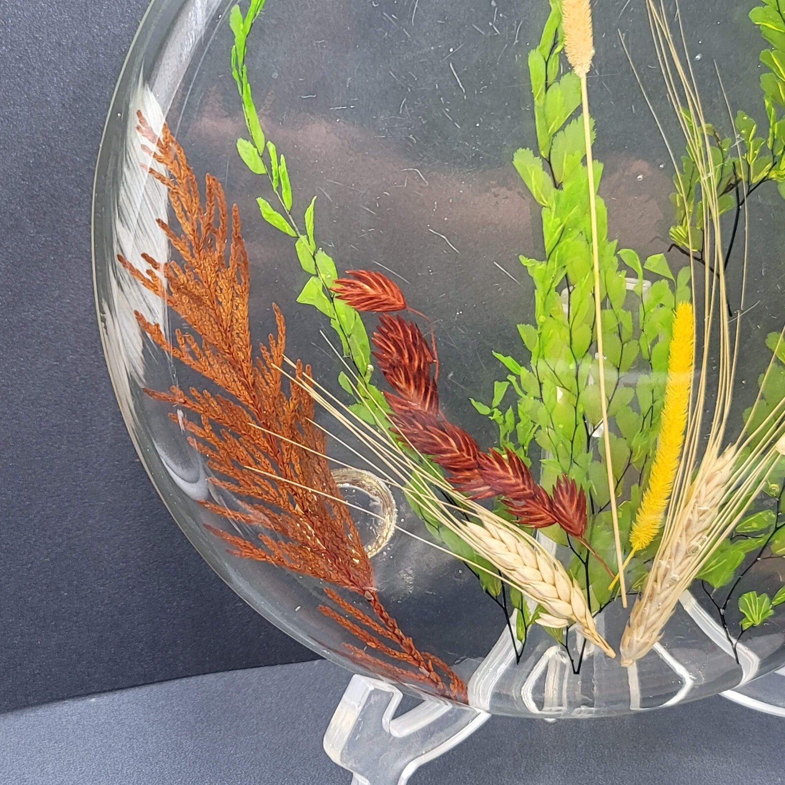 Vintage MCM Lucite Resin Dried Flower Round Footed Trivet 8 in