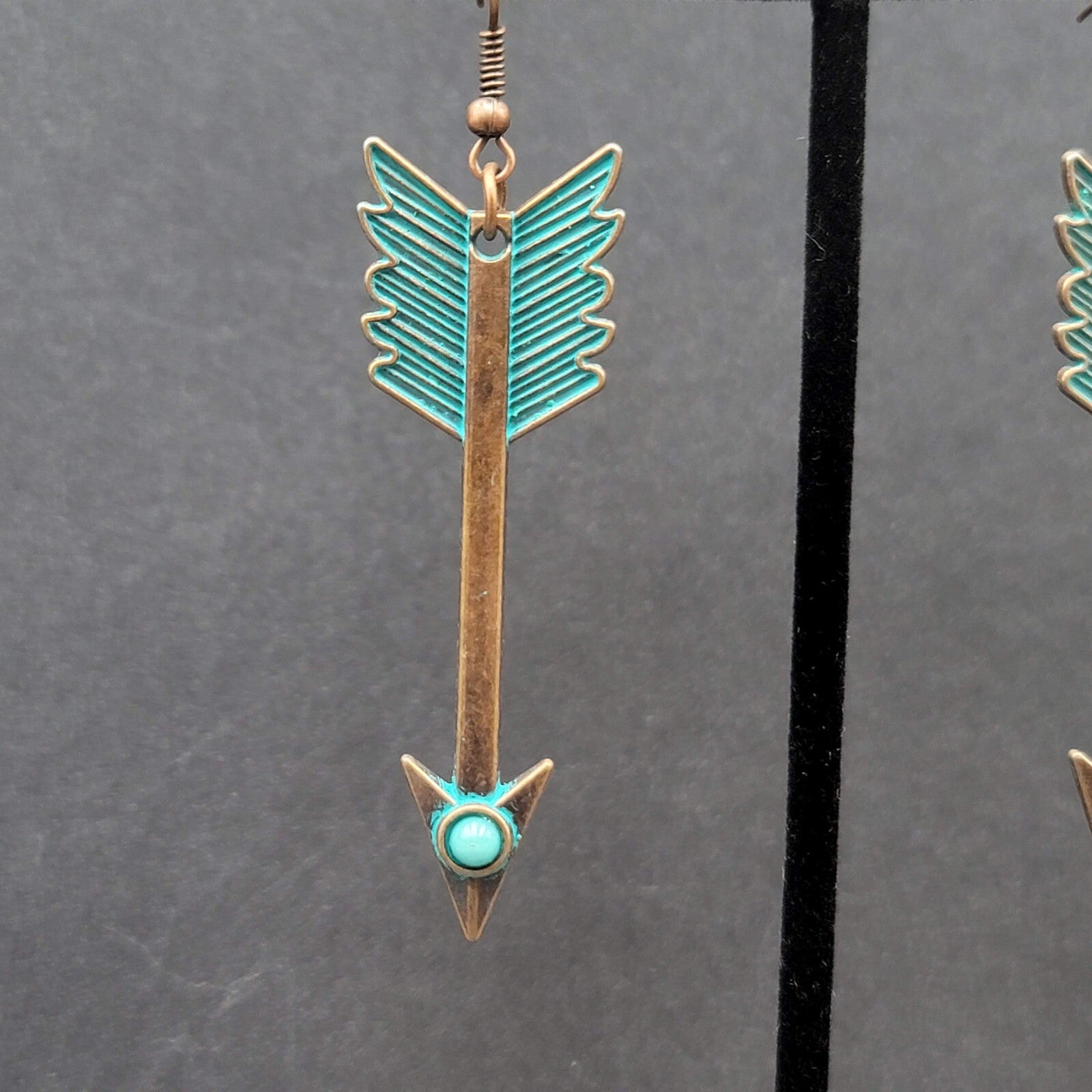 New Boho Pierced Earrings Copper tone Green Enamel Arrow Dangle 2.25"