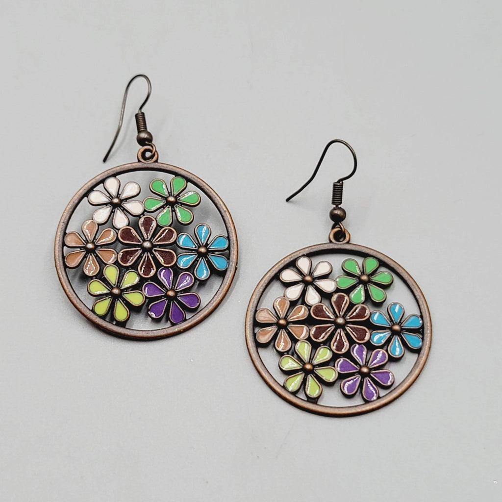 Multicolor Enamel Flower Pierced Earrings Round Bronze tone Dangle 1 3/8"
