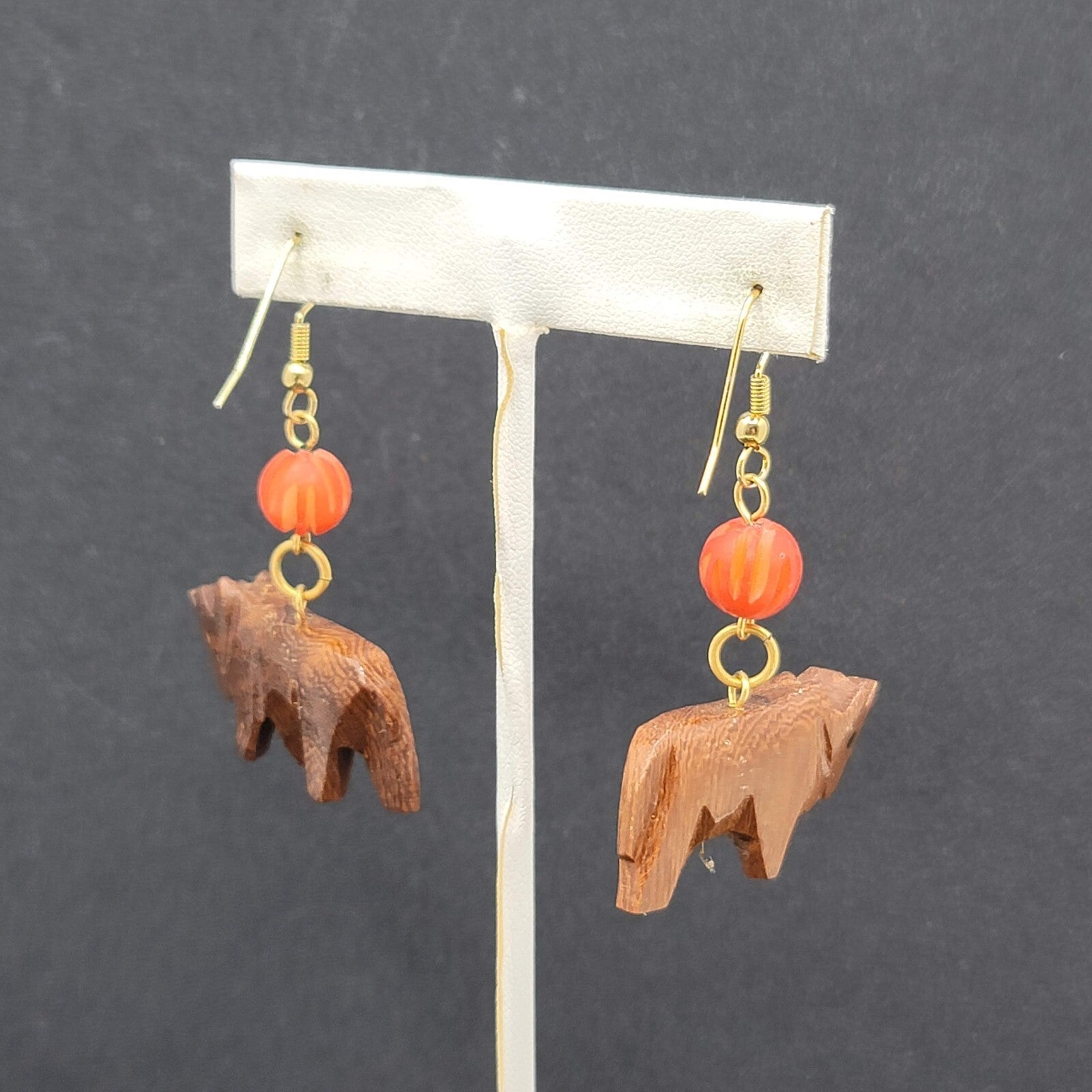 Hand Carved Wooden Animal Dangle Earrings Orange Bead 1.5"