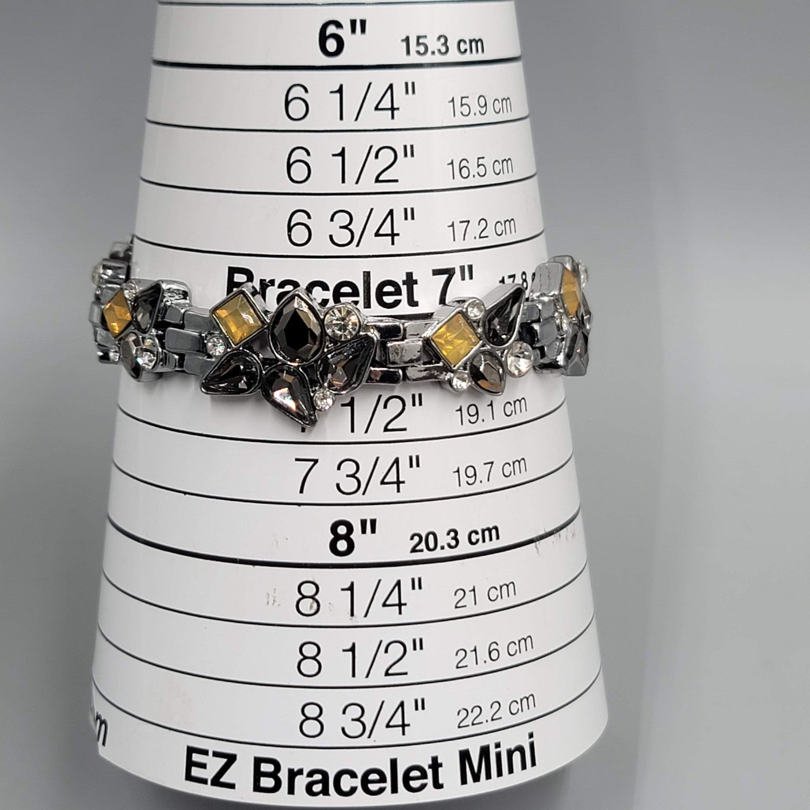 Black Yellow Rhinestone Bracelet Gun Metal Gray Metal Elastic 7"