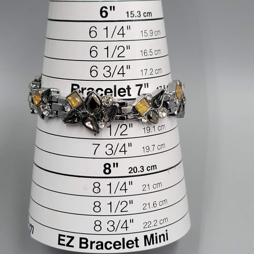 Black Yellow Rhinestone Bracelet Gun Metal Gray Metal Elastic 7"