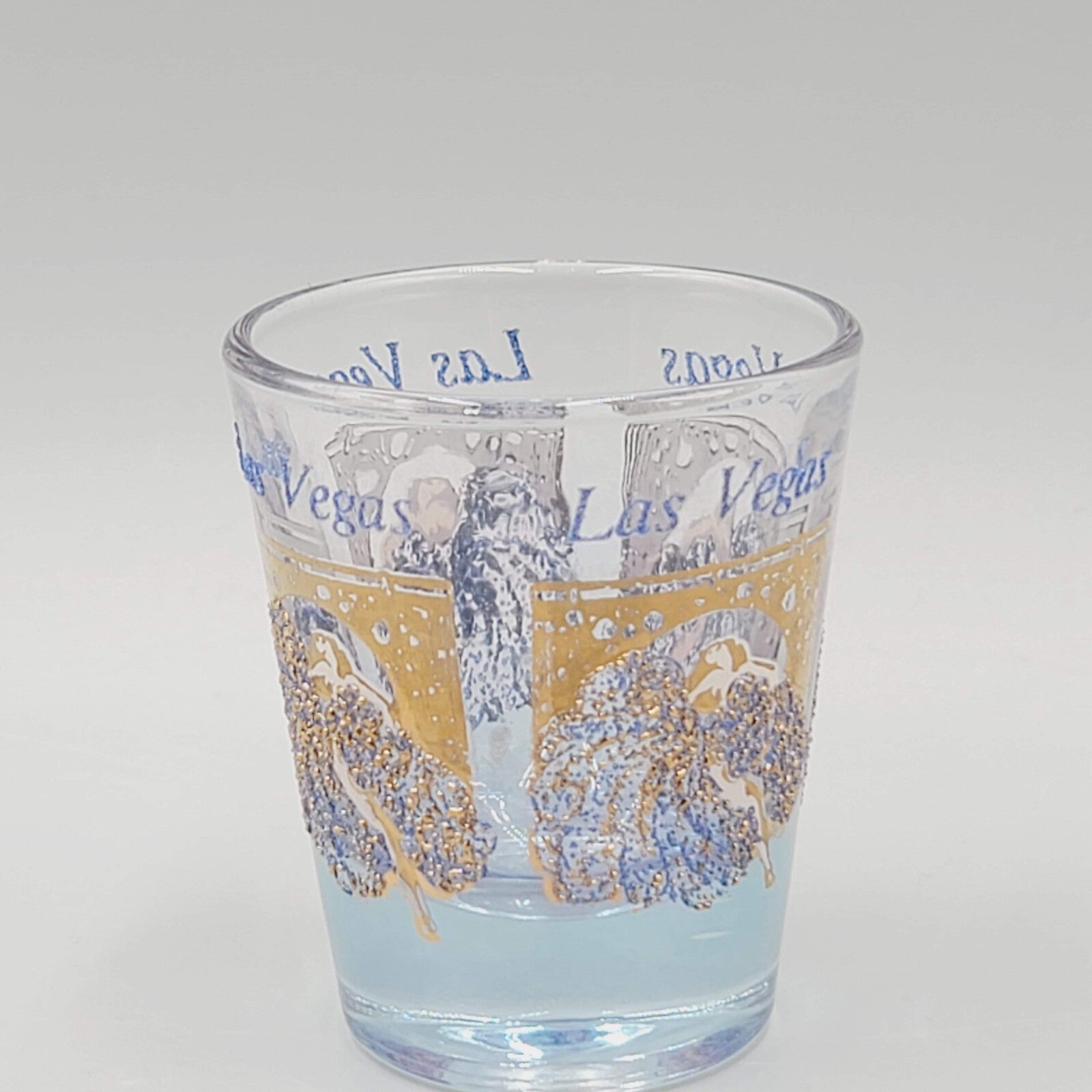 Vintage Las Vegas Casino Shot Glass Blue Gold Embossed Clear Glass Souvenir