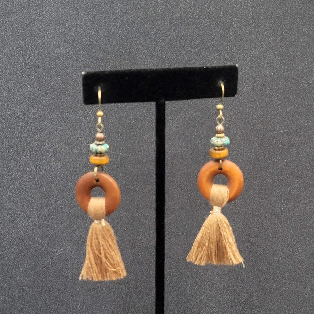 New Boho Pierced Earrings Bronze tone Wood Ring Tassel Dangle 2.25"