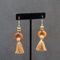 New Boho Pierced Earrings Bronze tone Wood Ring Tassel Dangle 2.25"