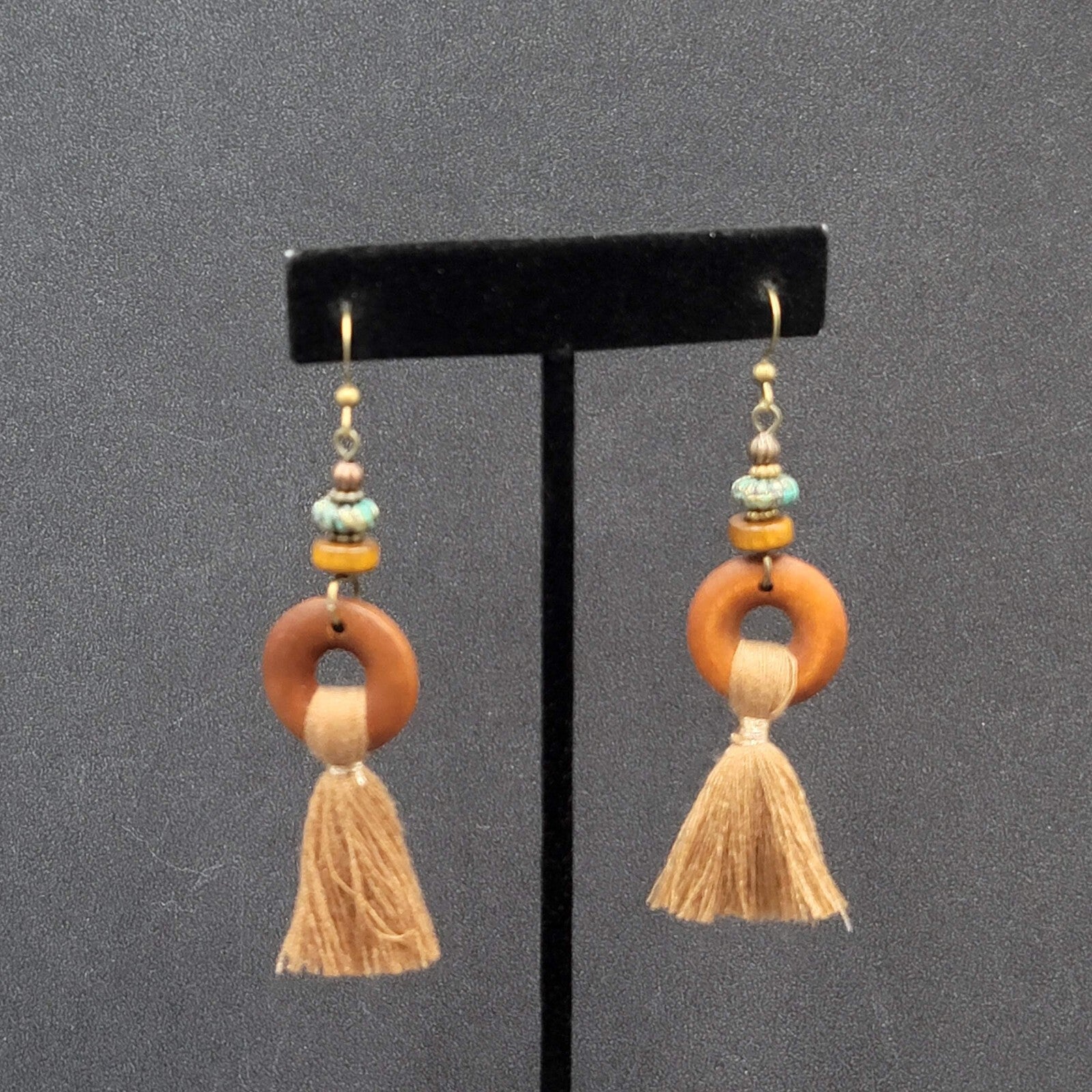 New Boho Pierced Earrings Bronze tone Wood Ring Tassel Dangle 2.25"