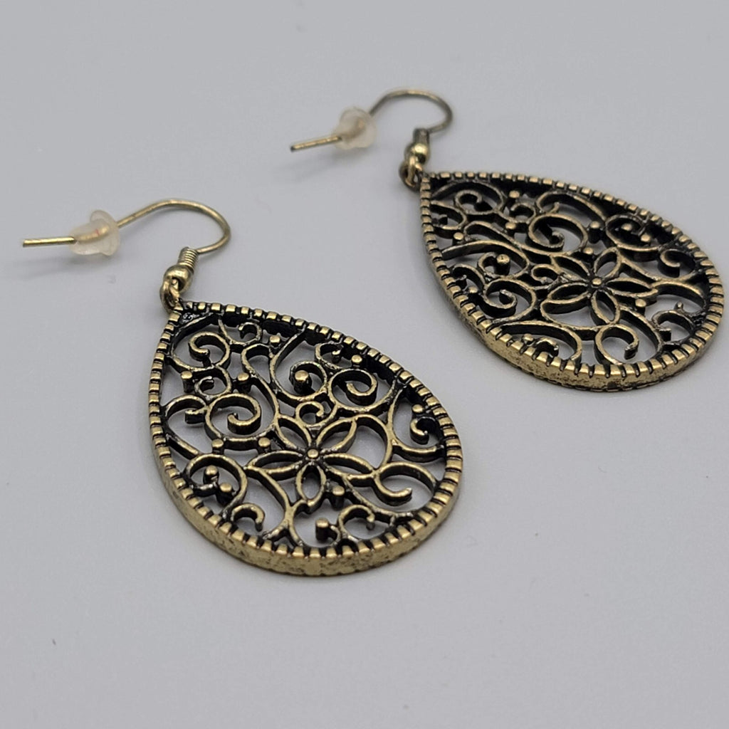 Pierced Earrings Bronze tone Filigree Teardrop Dangle 1.5"