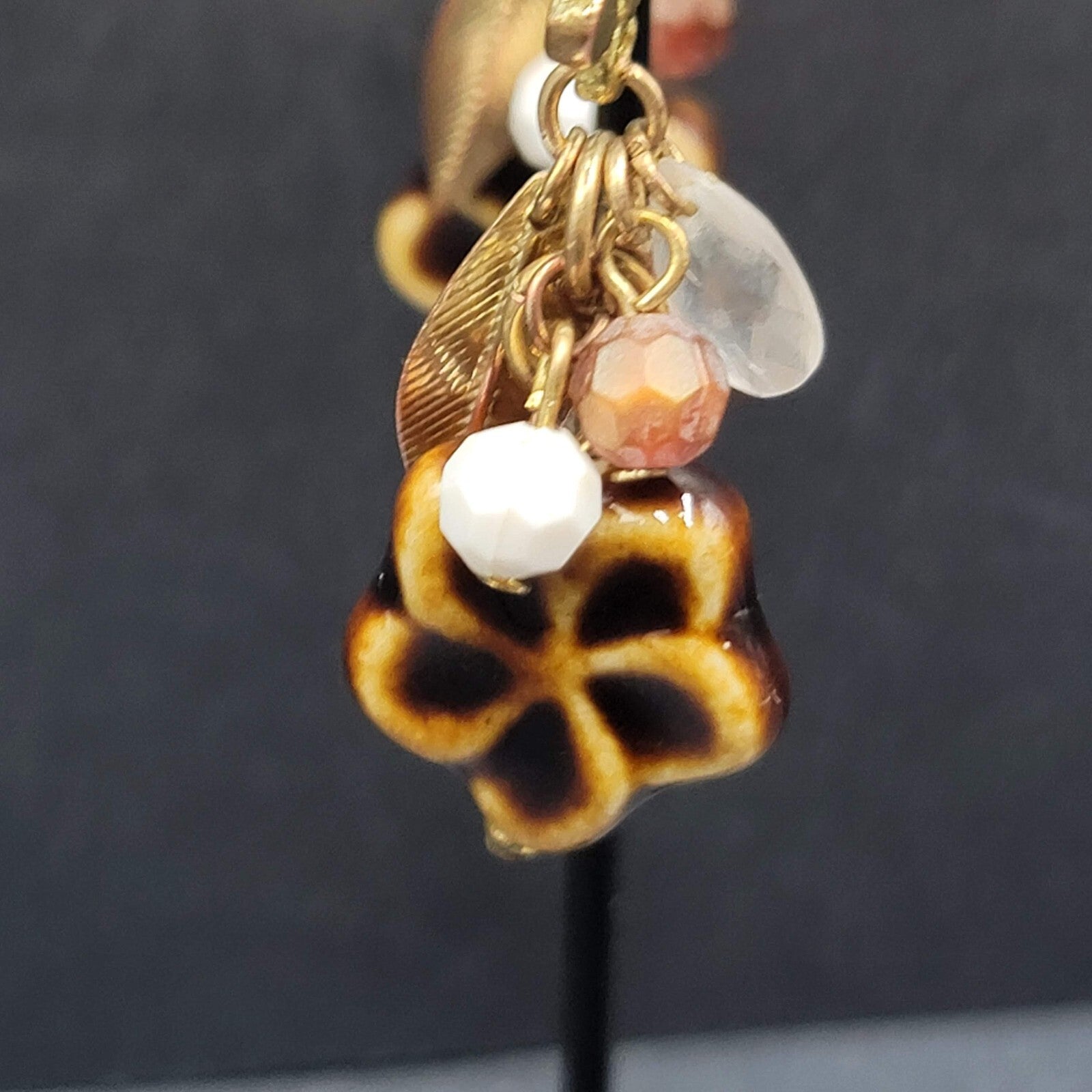 Pierced Earrings Gold tone Pottery Flower Bead Dangle Leaves 2"
