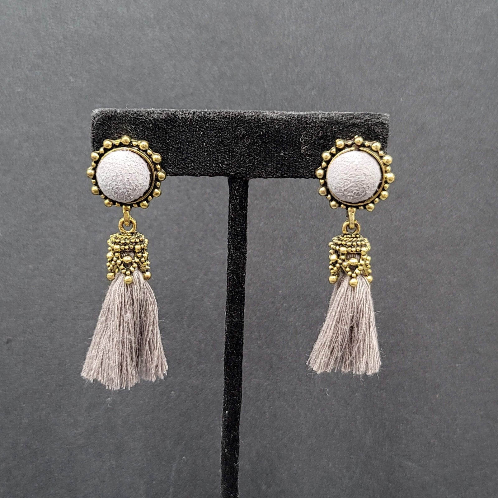 Boho Pierced Earrings Antiqued Gold tone Gray String Tassel 2"