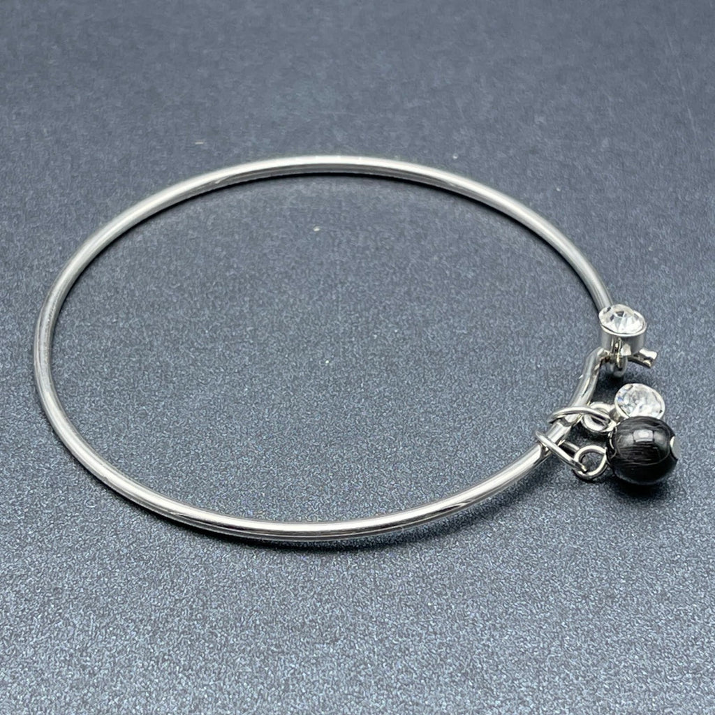 Silver tone Bangle Charm Bracelet Black Bead Charm Rhinestone 2 1/2"