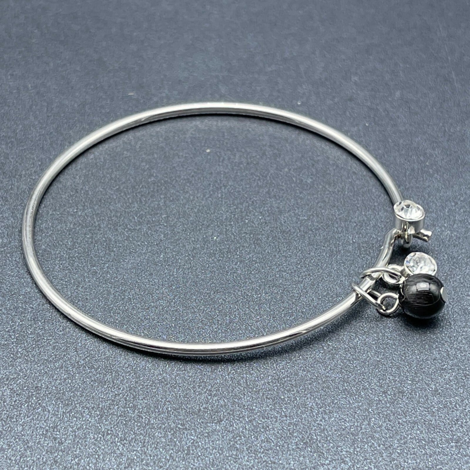 Silver tone Bangle Charm Bracelet Black Bead Charm Rhinestone 2 1/2"