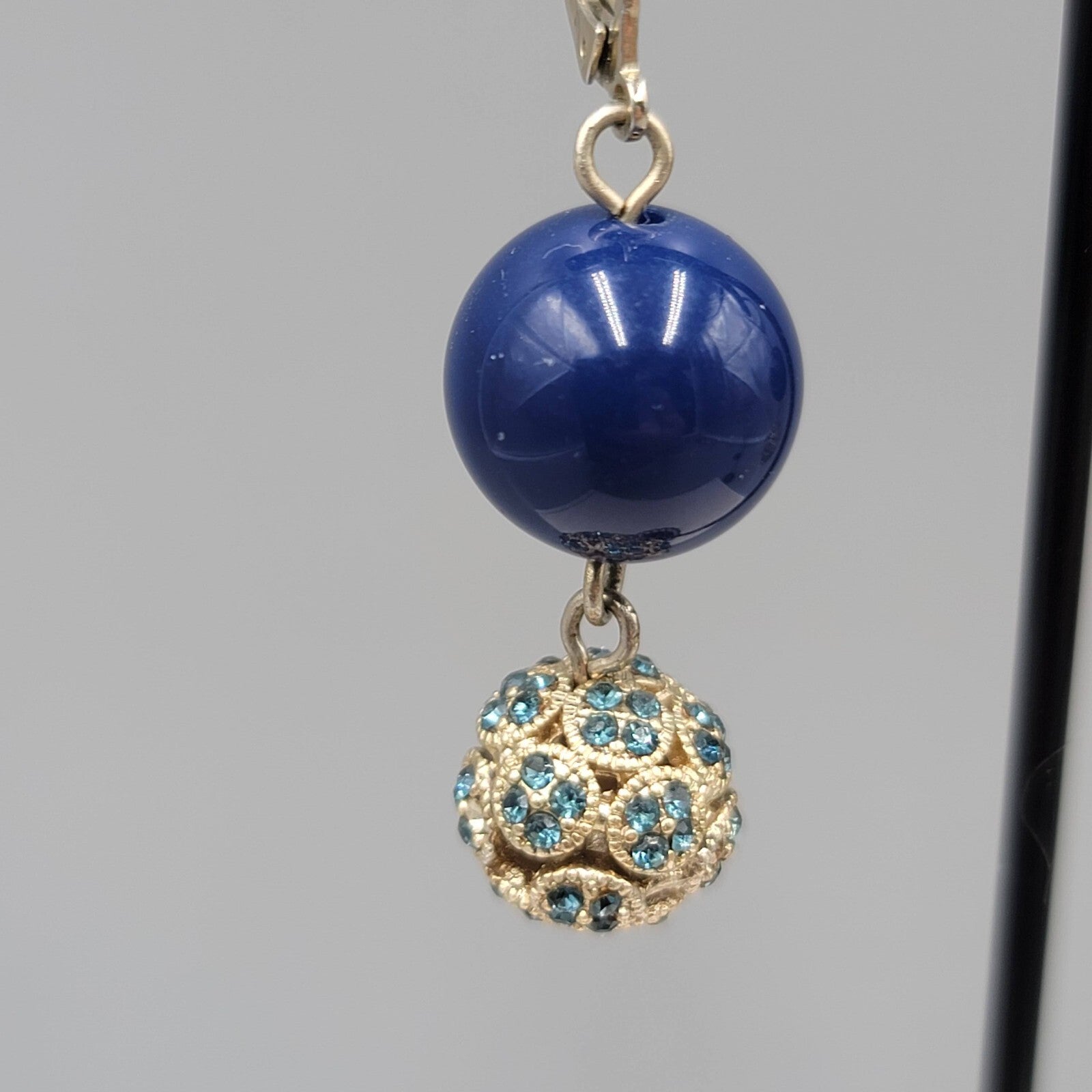 Blue Rhinestone Bead Pierced Earrings Dangle 1 3/8"