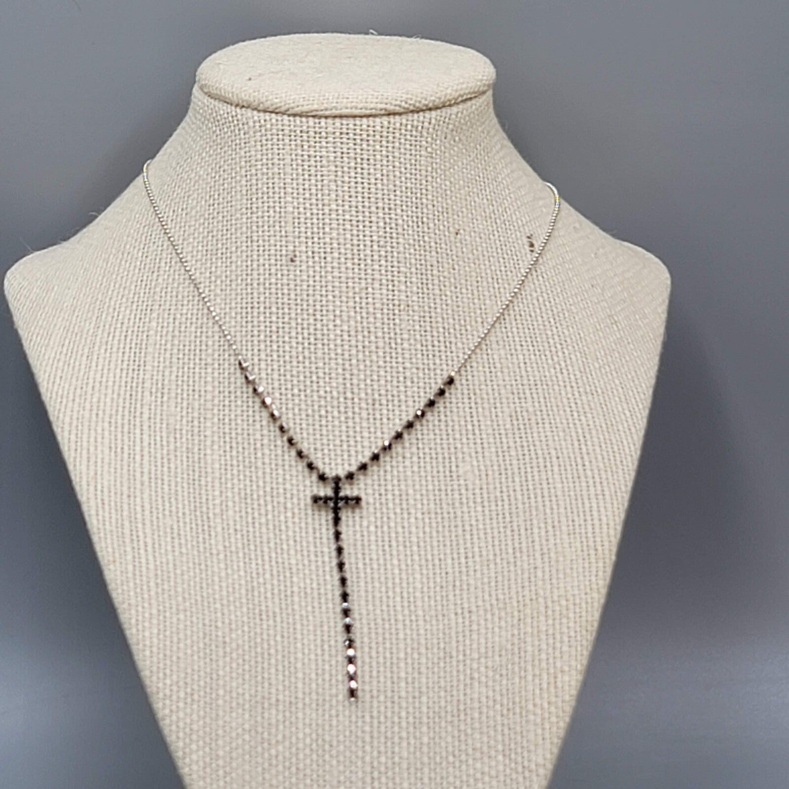 Black Rhinestone Cross Pendant Necklace Silver tone Y Drop 16"+