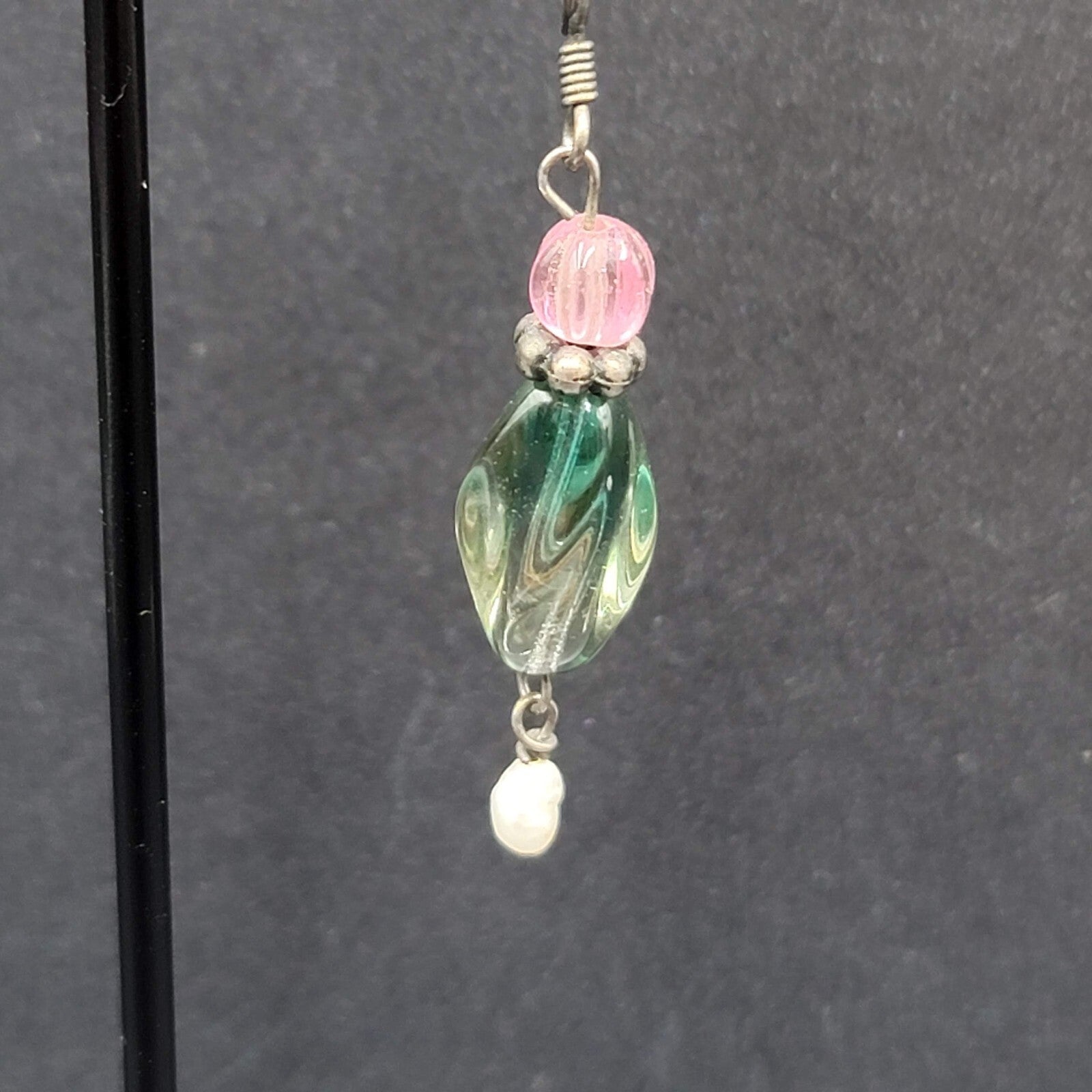 Art Glass Pearl Pierced Earrings Sterling Silver Beaded Dangle 1.25"