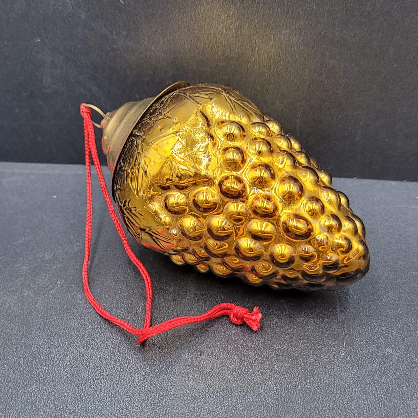 Vintage Blown Glass Grapes Brass Top Christmas Ornament Gold Color 5"