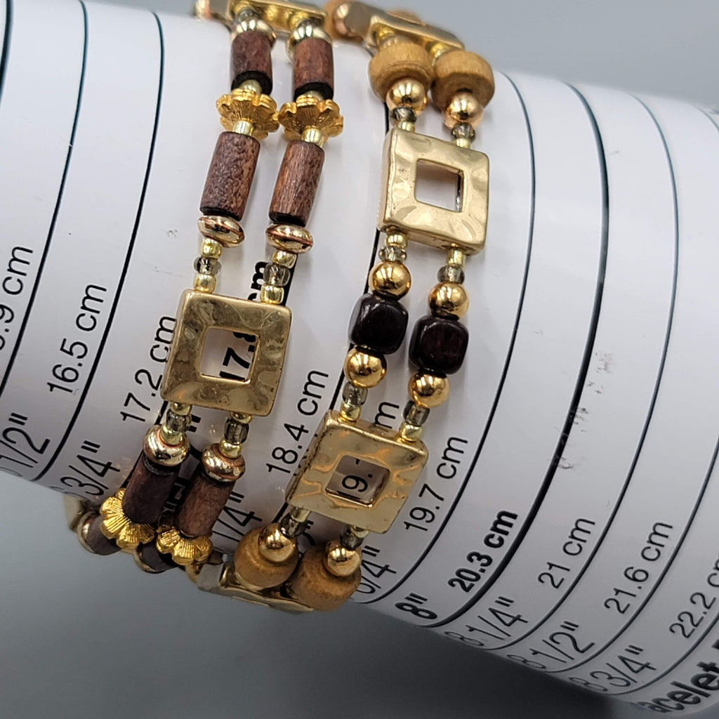 Set of 2 Bracelets Gold tone Wood Bead Elastic 7"