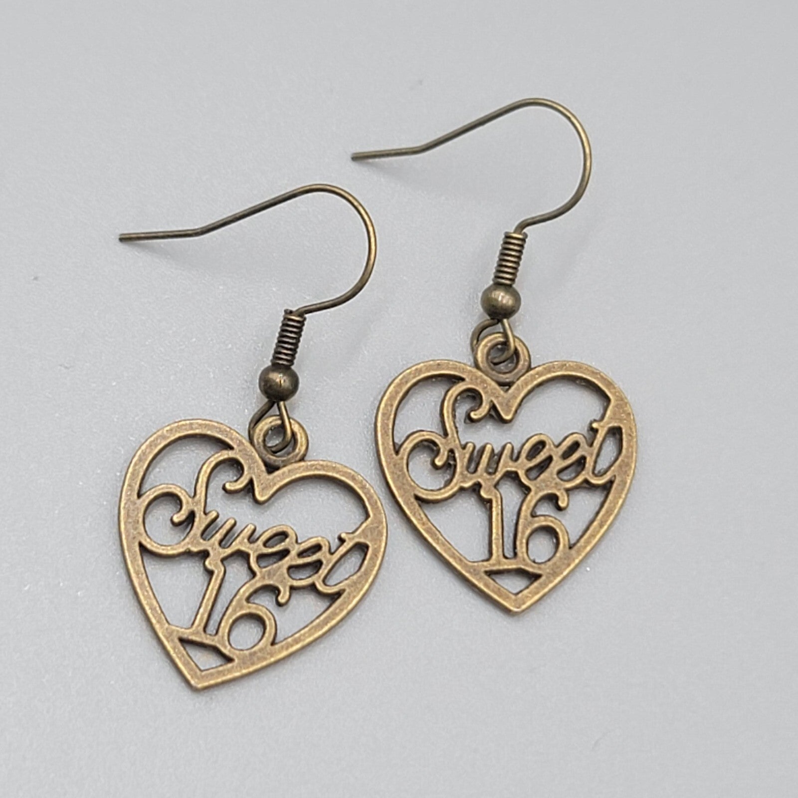 Sweet 16 Heart Pierced Earrings New Bronze tone Dangle 7/8"
