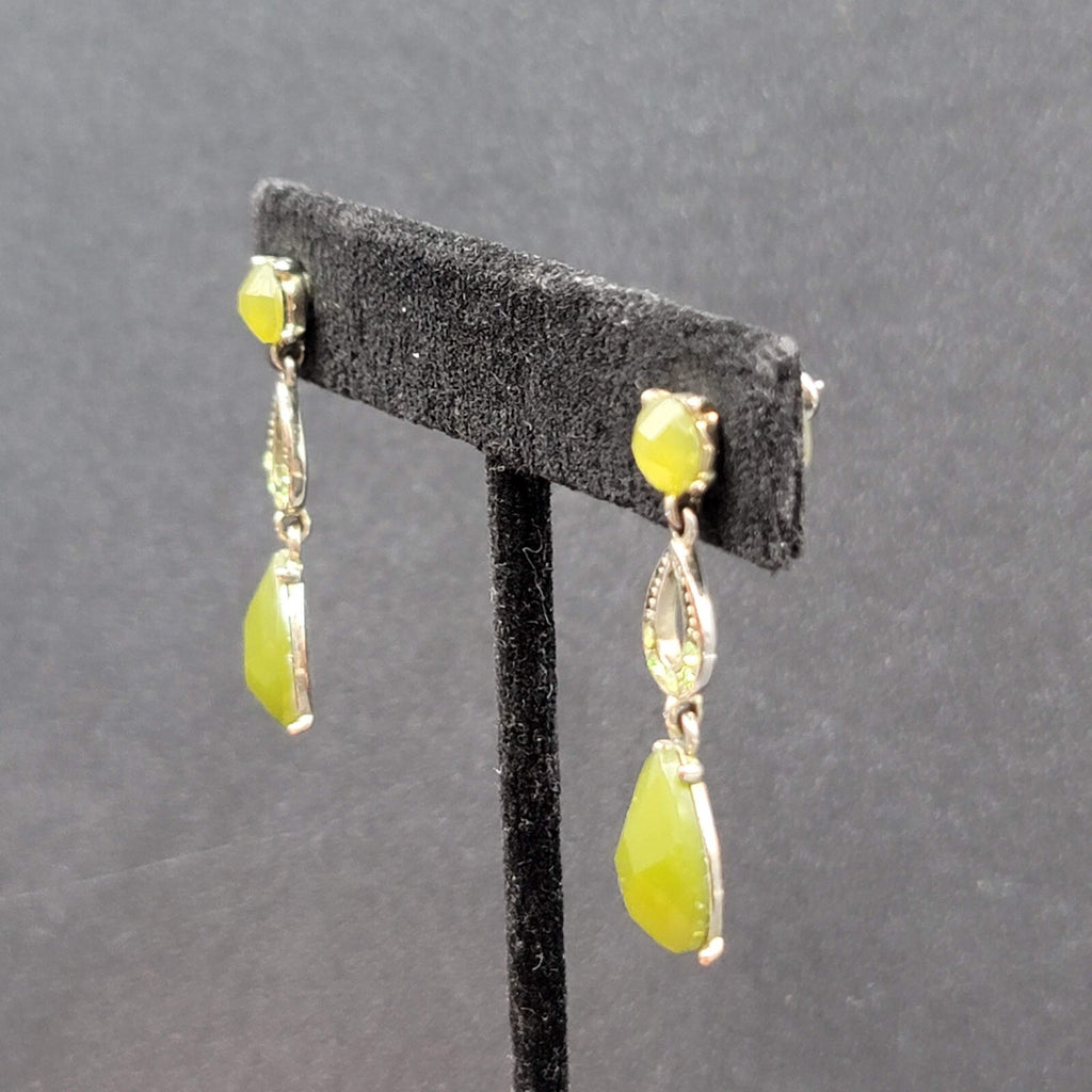 LC Pierced Earrings Silver tone Green Accents Rhinestone Dangle 1 3/8"