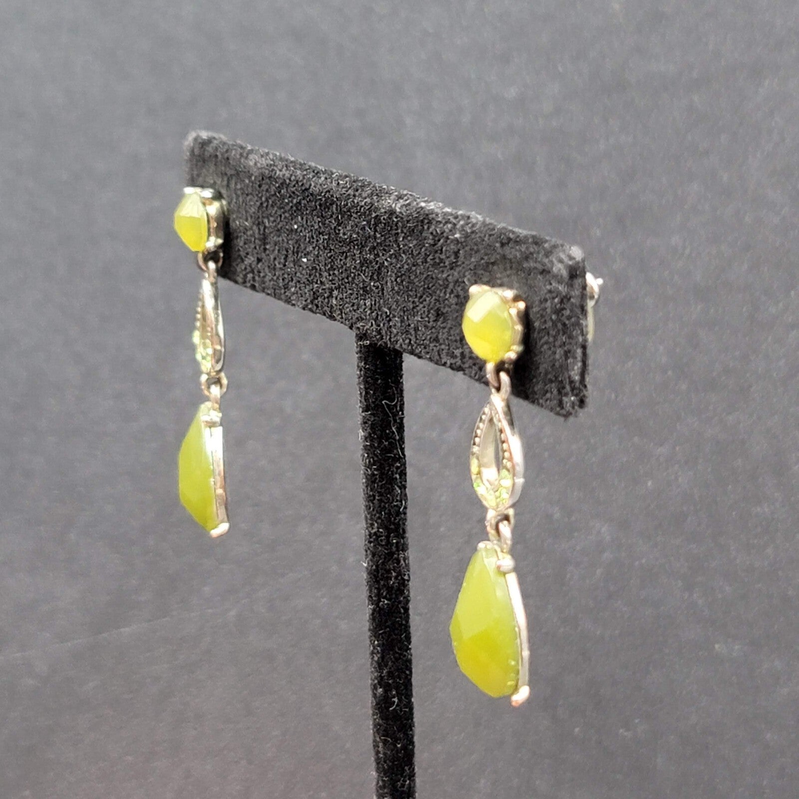 LC Pierced Earrings Silver tone Green Accents Rhinestone Dangle 1 3/8"