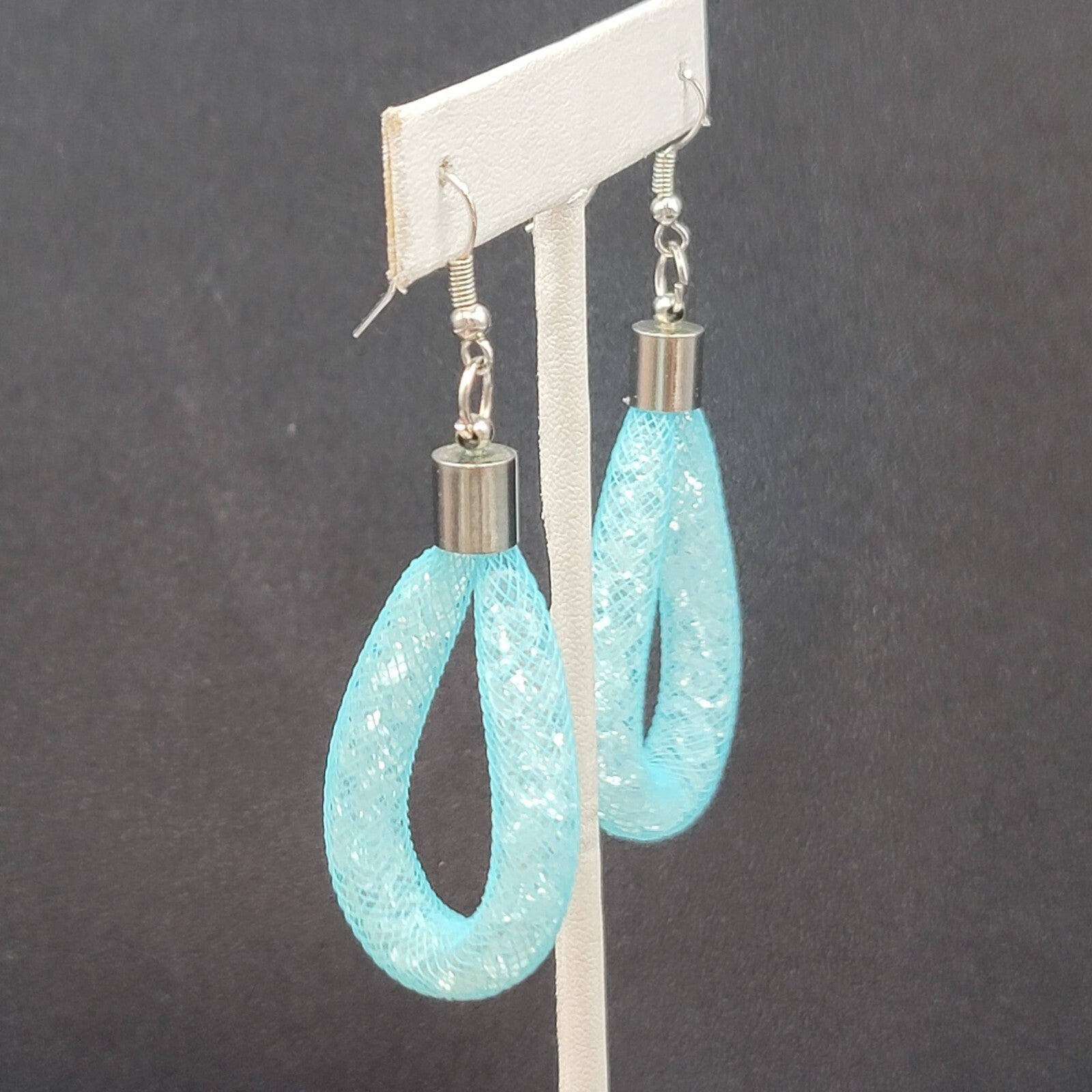 Pierced Earrings Silver tone Blue Knit Acrylic Crystals Dangle 2.25"