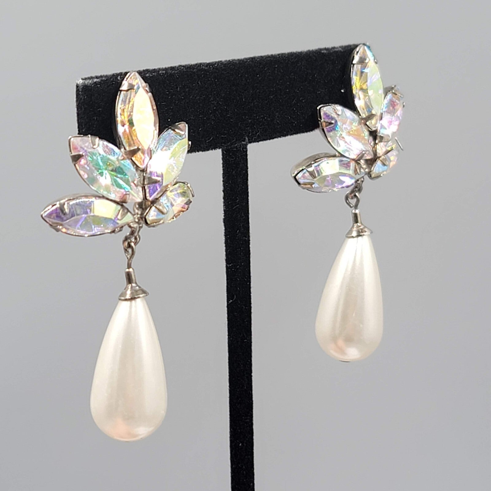 Vintage Statement Pierced Earrings Large AB Rhinestone Faux Pearl Teardrop 2.25"