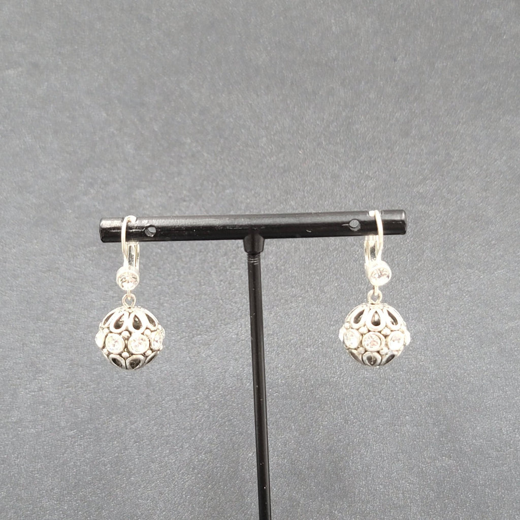 Pierced Earrings Silver tone Crystal Rhinestone Sphere Dangle 5/8" Sparkly!