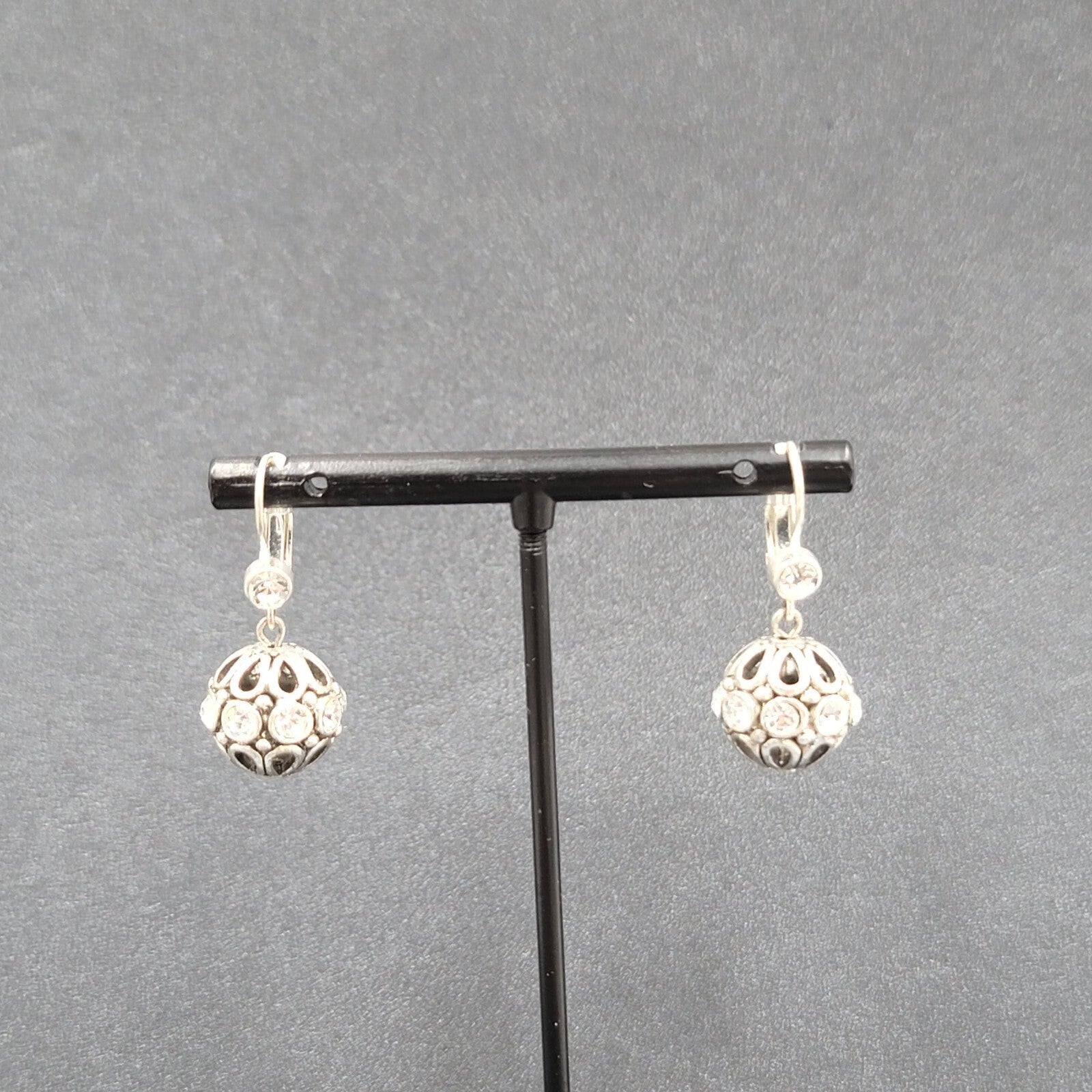 Pierced Earrings Silver tone Crystal Rhinestone Sphere Dangle 5/8" Sparkly!