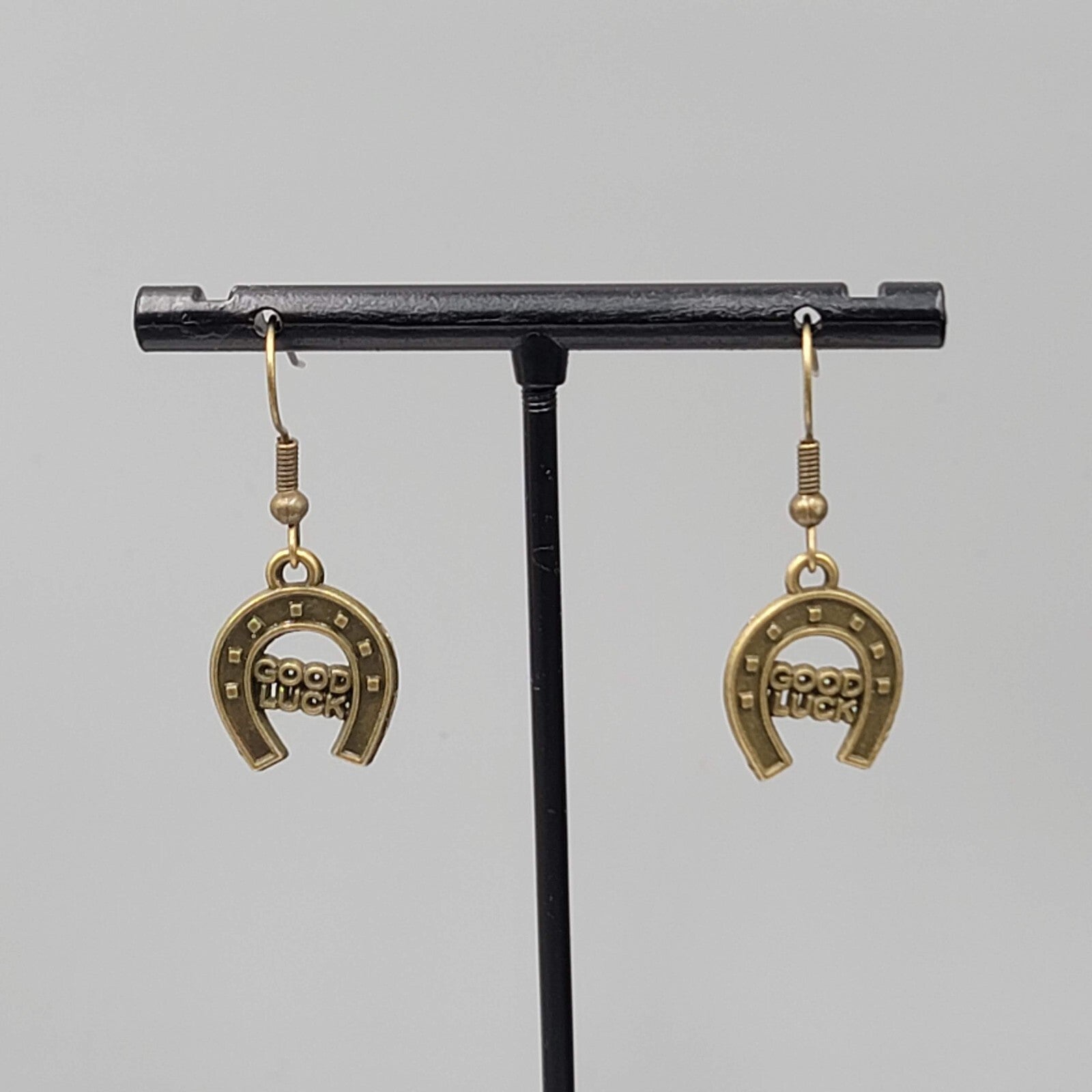 Good Luck Horseshoe Pierced Earrings Bronze tone Dangle NEW 3/4"