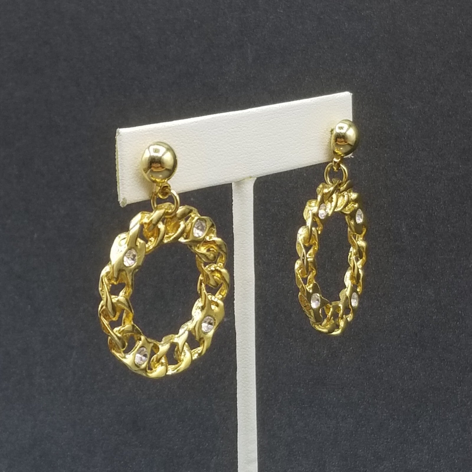 Pierced Earrings Gold tone Crystal Chain Link Open Ring Statement Dangle 1 3/4"