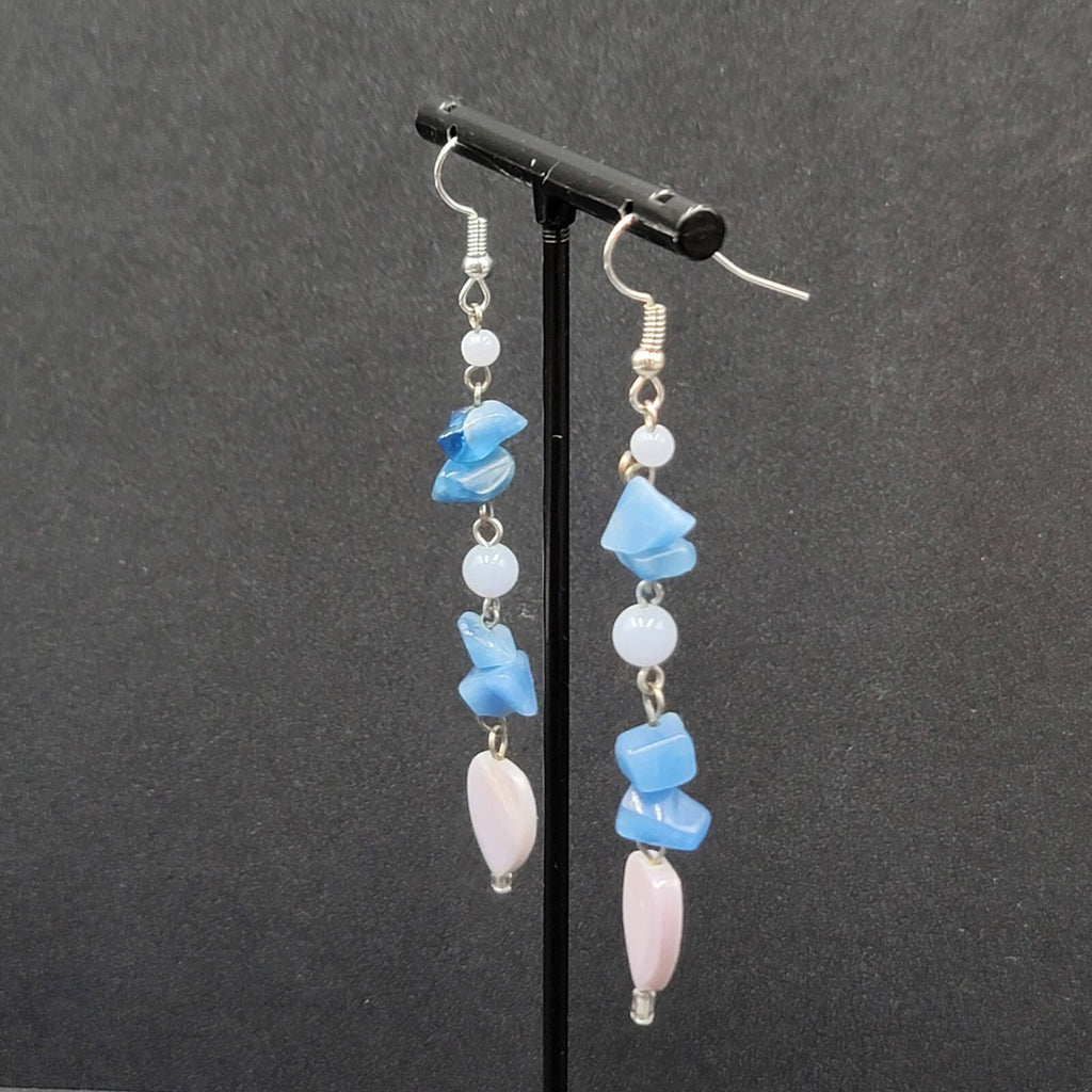 Pierced Earrings Blue Stone Chip Bead Dangle Silver tone 2.75"