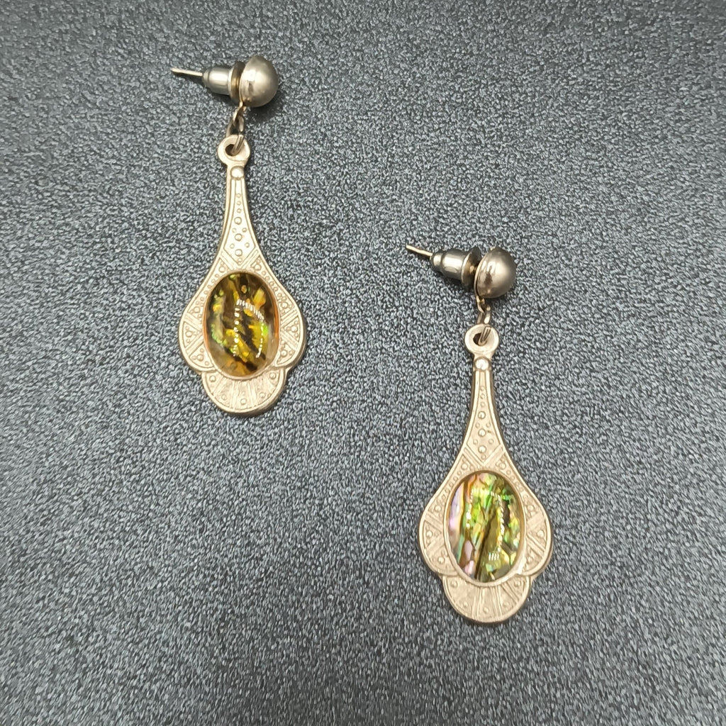 Vintage Pierced Earrings Silver tone Faux Abalone Dangle 1.75"