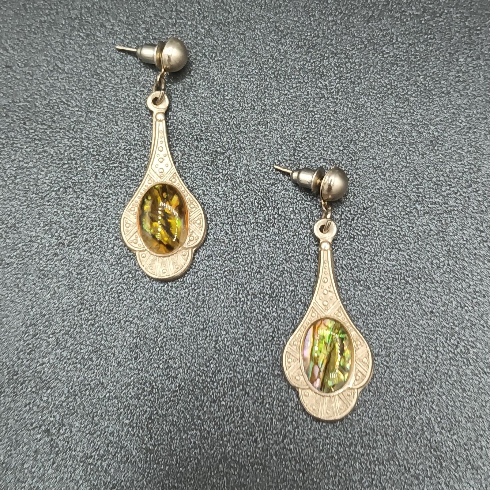 Vintage Pierced Earrings Silver tone Faux Abalone Dangle 1.75"