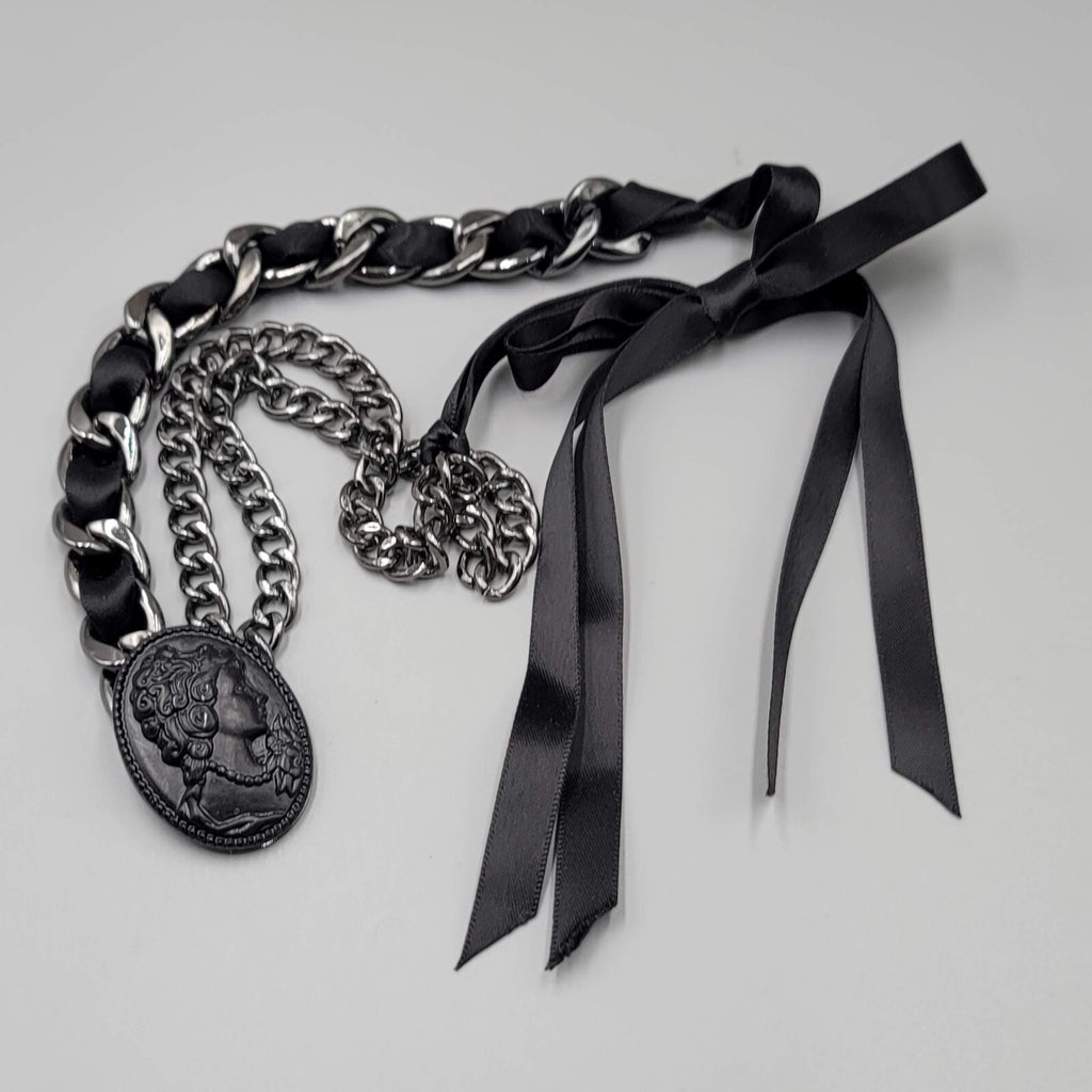 Black Cameo Necklace Chain Satin Ribbon Large Statement Goth 20+"