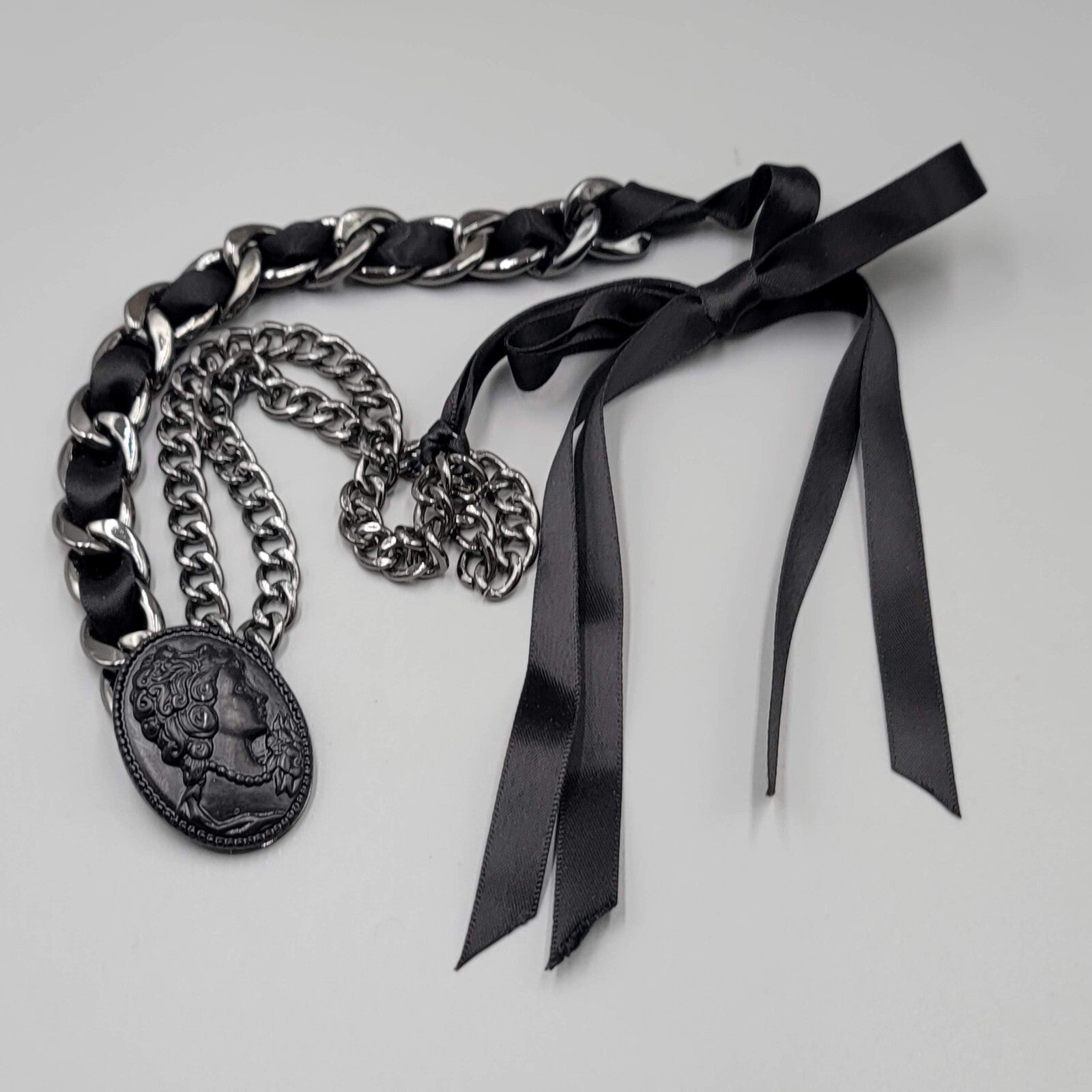Black Cameo Necklace Chain Satin Ribbon Large Statement Goth 20+"
