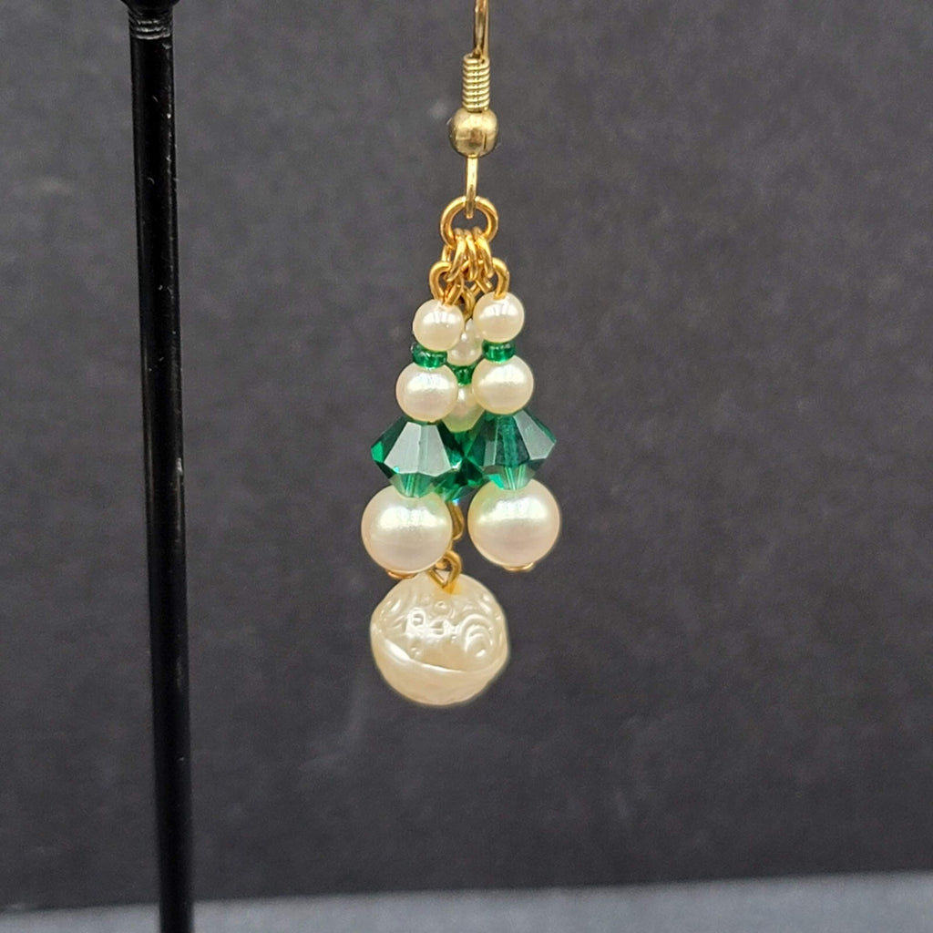 Vintage Pierced Earrings Faux Pearl Green Crystal Beads Dangle 1.5"
