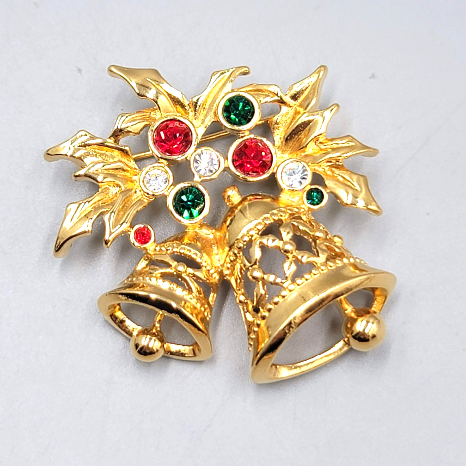 Vintage Avon Christmas Bells Brooch Gold Plated Rhinestone  2"