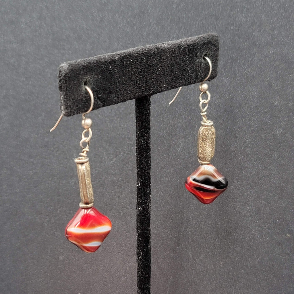 Pierced Earrings Silver tone Red Art Glass Square Bead Dangle 1.25"